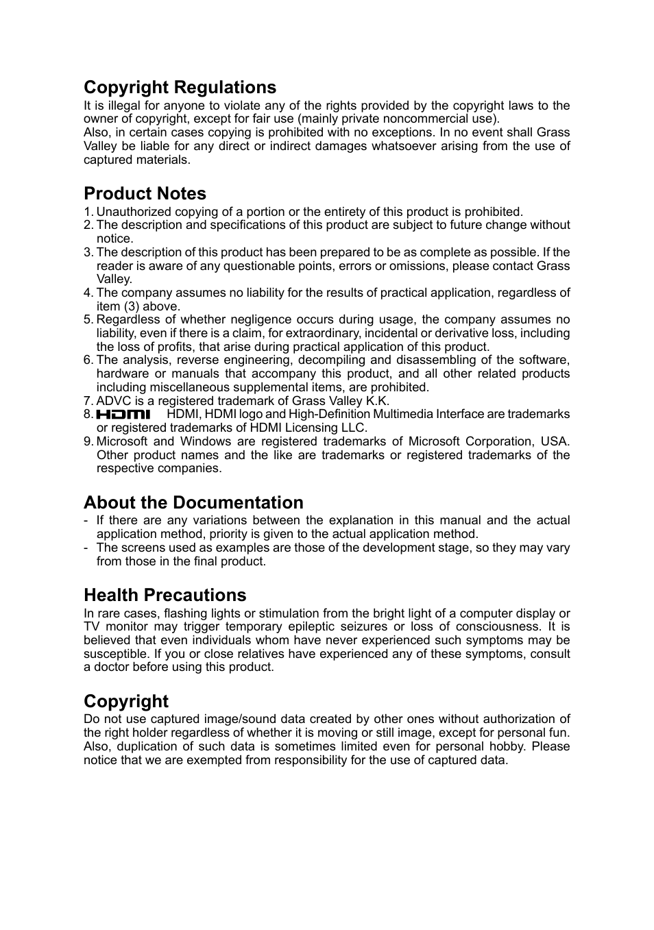 Copyright regulations, About the documentation, Health precautions | Copyright | Grass Valley ADVC G2 User Manual | Page 2 / 30