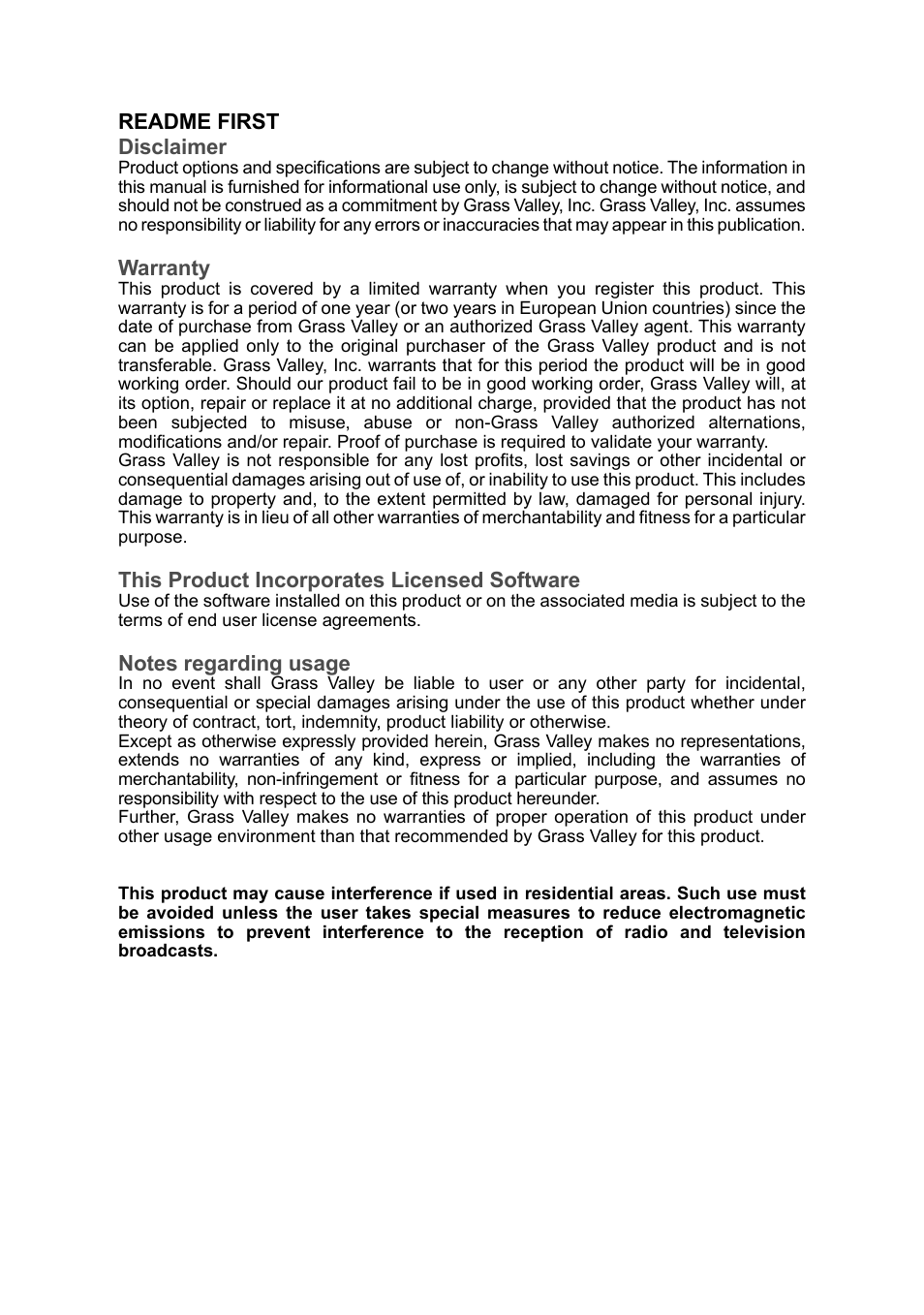 Readme first disclaimer, Warranty, This product incorporates licensed software | Grass Valley ADVC G3 User Manual | Page 6 / 28