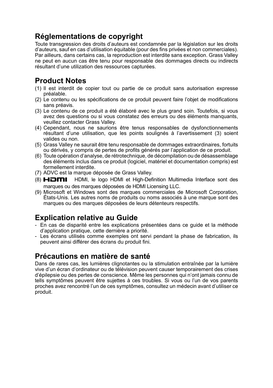 Réglementations de copyright, Explication relative au guide, Précautions en matière de santé | Grass Valley ADVC G3 User Manual | Page 7 / 28