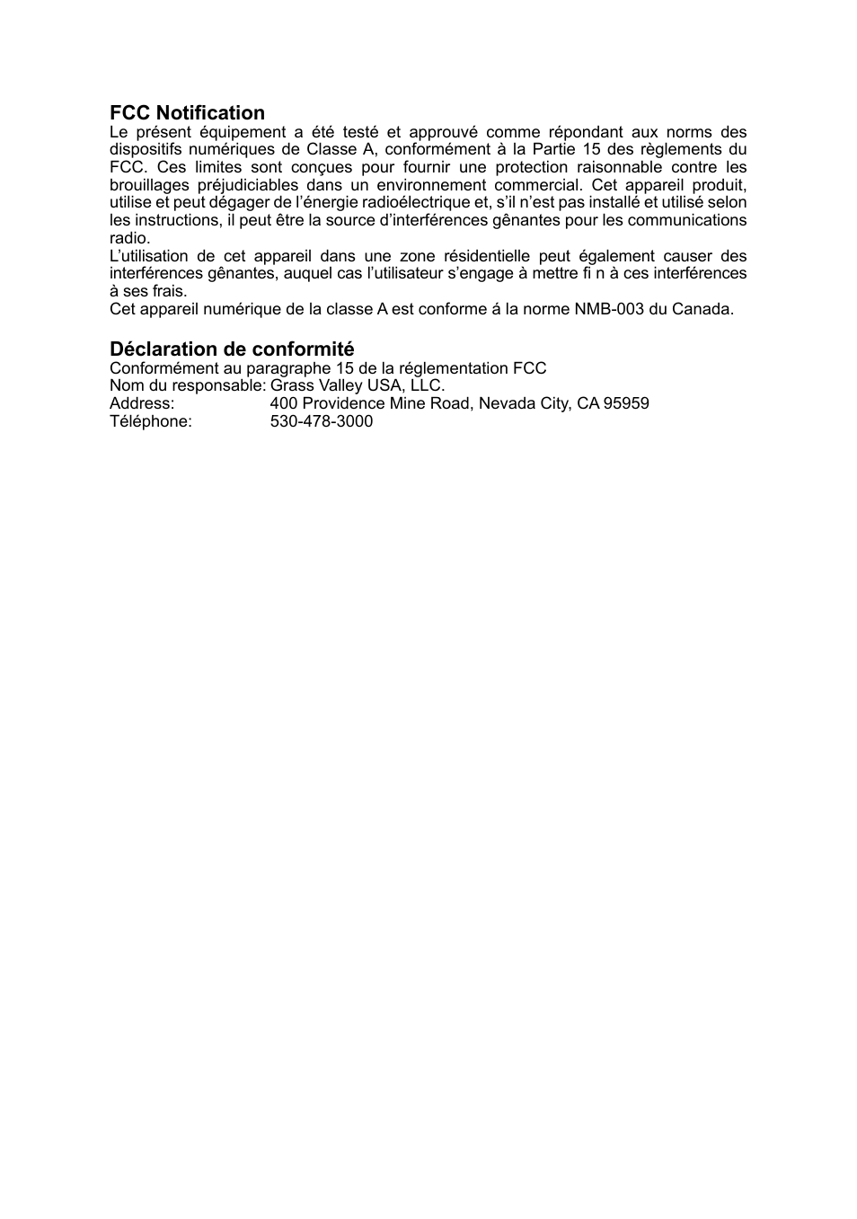 Fcc notification, Déclaration de conformité | Grass Valley ADVC G4 User Manual | Page 11 / 26