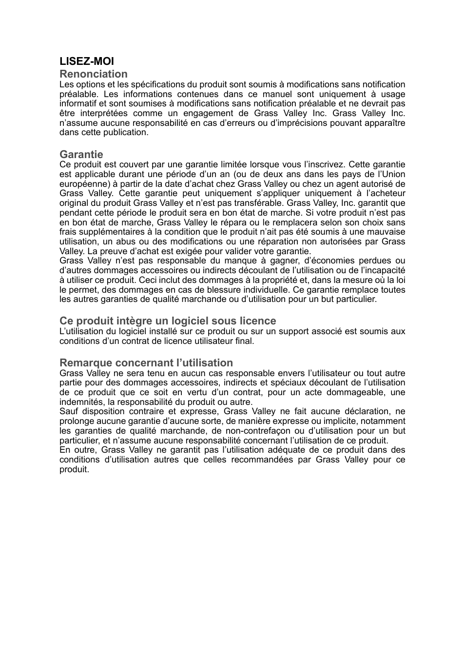 Lisez-moi renonciation, Garantie, Ce produit intègre un logiciel sous licence | Remarque concernant l’utilisation | Grass Valley ADVC G4 User Manual | Page 12 / 26