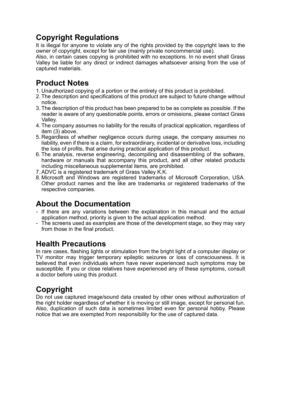 Copyright regulations, About the documentation, Health precautions | Copyright | Grass Valley ADVC G4 User Manual | Page 2 / 26
