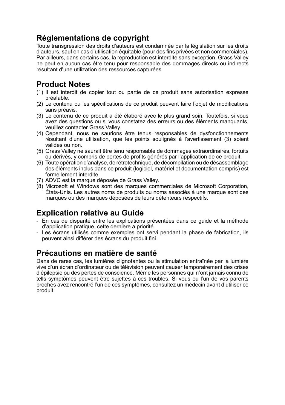 Réglementations de copyright, Explication relative au guide, Précautions en matière de santé | Grass Valley ADVC G4 User Manual | Page 7 / 26