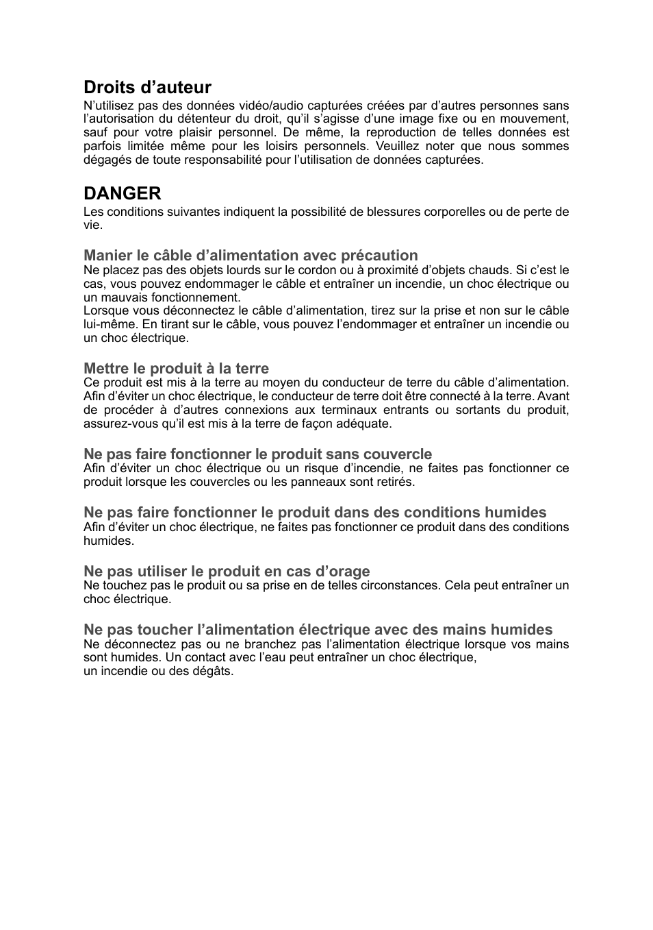 Droits d’auteur, Danger | Grass Valley ADVC G4 User Manual | Page 8 / 26