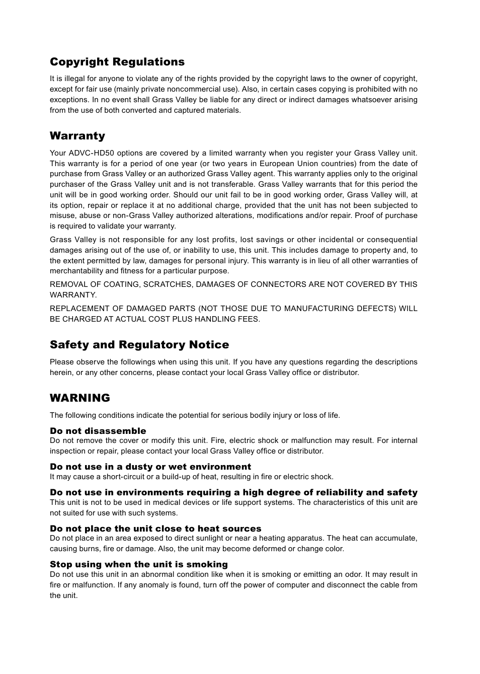 Copyright regulations, Warranty, Safety and regulatory notice | Warning | Grass Valley ADVC-HD50 User Manual | Page 2 / 48