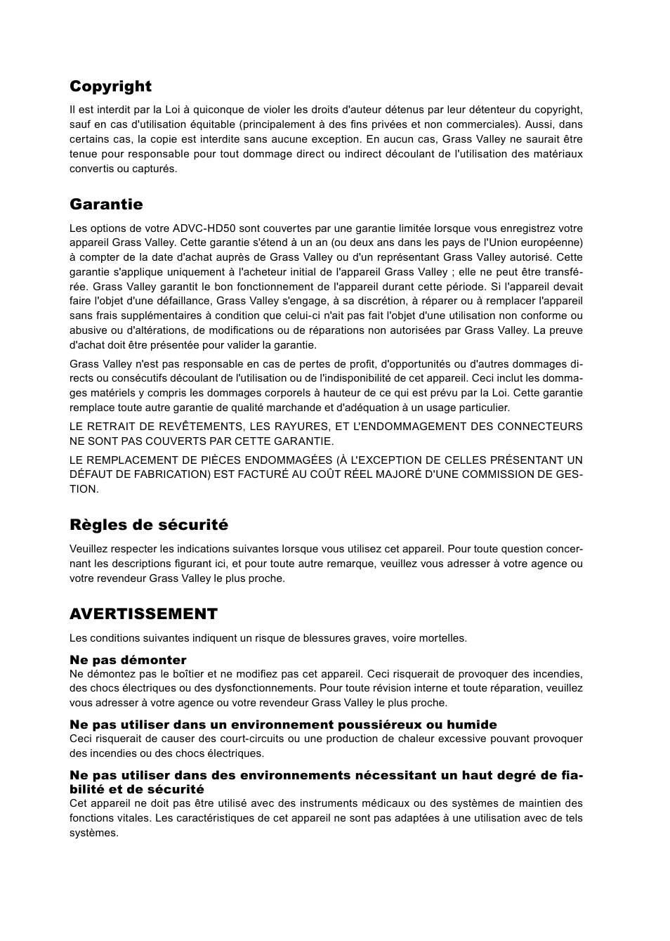 Copyright, Garantie, Règles de sécurité | Avertissement | Grass Valley ADVC-HD50 User Manual | Page 26 / 48