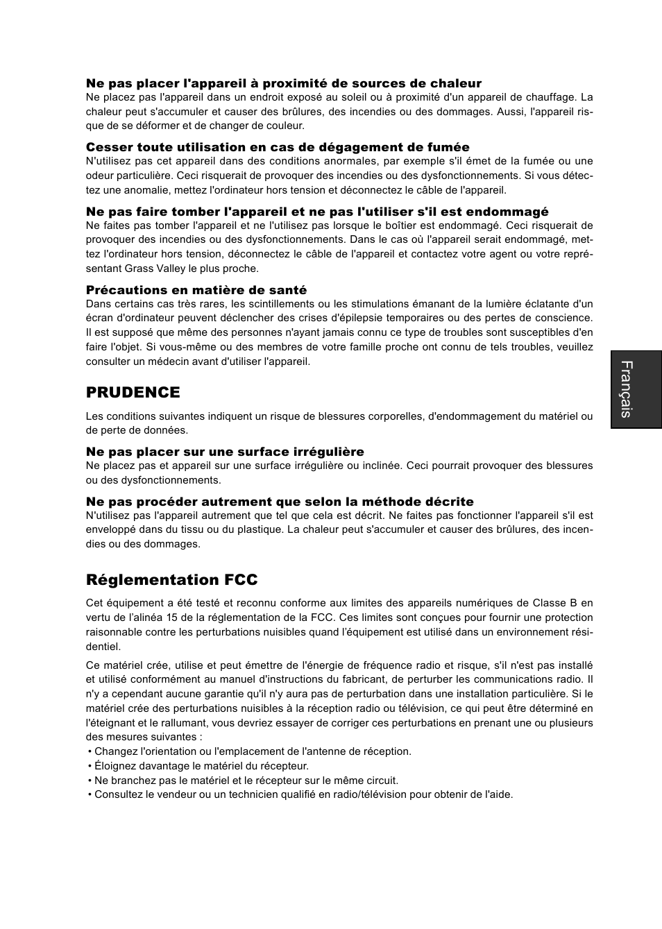 Français, Prudence, Réglementation fcc | Grass Valley ADVC-HD50 User Manual | Page 27 / 48
