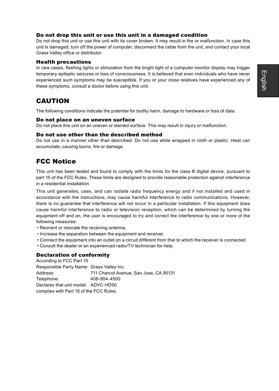 English, Caution, Fcc notice | Grass Valley ADVC-HD50 User Manual | Page 3 / 48