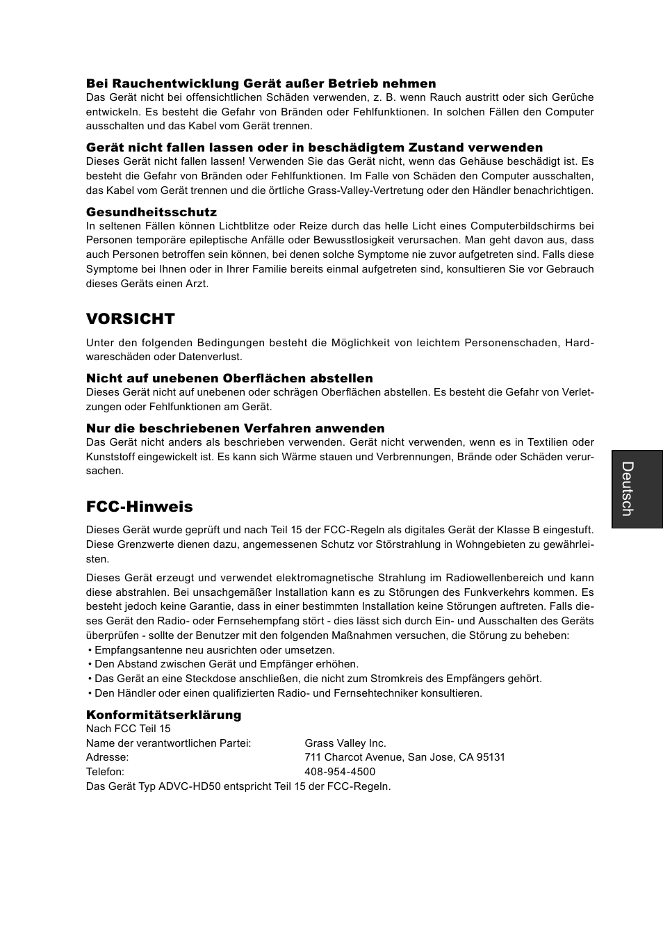 Deutsch, Vorsicht, Fcc-hinweis | Grass Valley ADVC-HD50 User Manual | Page 39 / 48