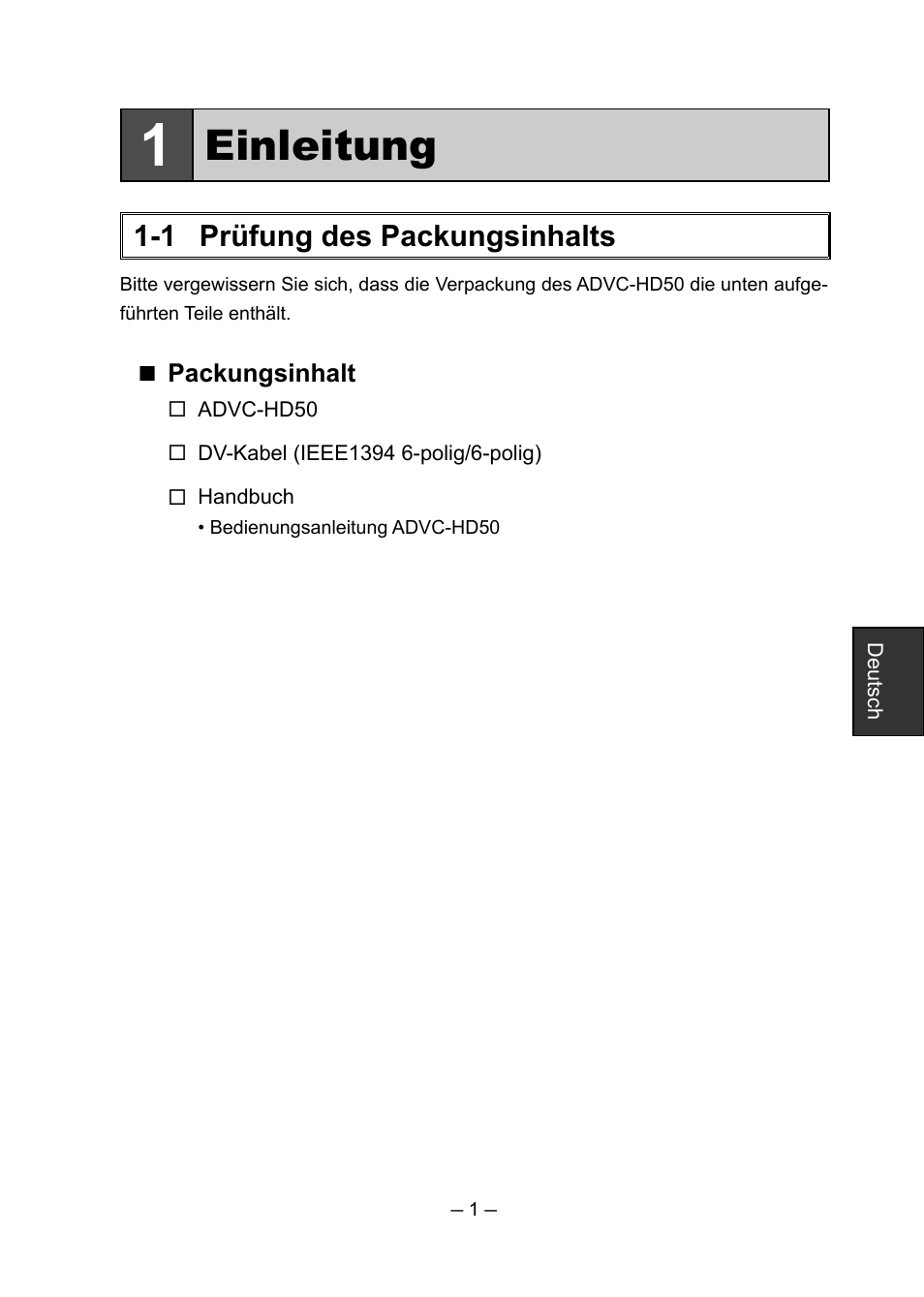 Einleitung, 1 prüfung des packungsinhalts | Grass Valley ADVC-HD50 User Manual | Page 41 / 48