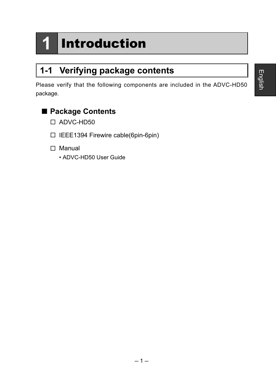 Introduction, 1 verifying package contents | Grass Valley ADVC-HD50 User Manual | Page 5 / 48