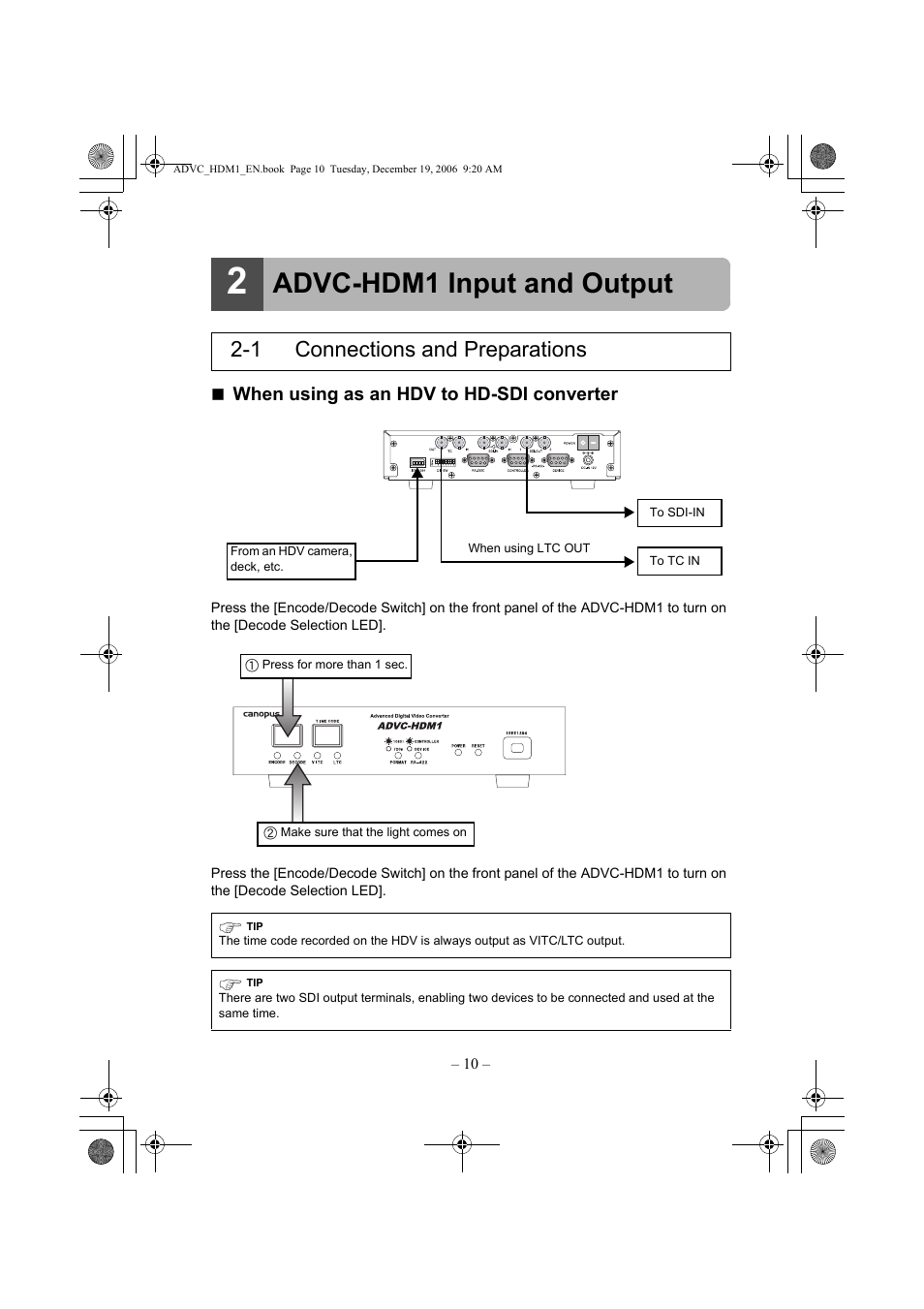 Advc-hdm1 input and output, 1 connections and preparations | Grass Valley ADVC-HDM1 User Manual | Page 13 / 28