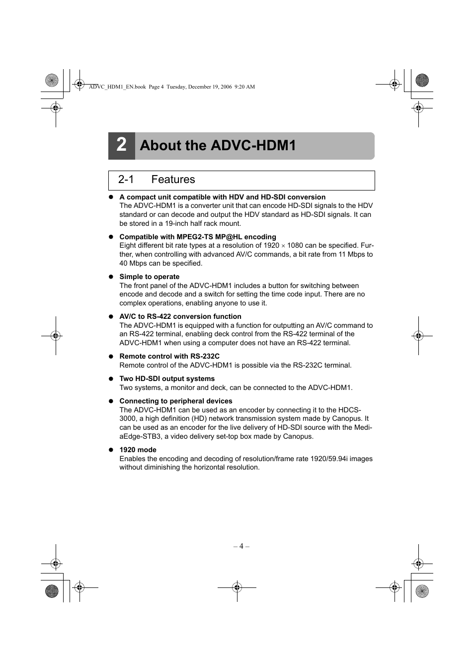 About the advc-hdm1, 1 features | Grass Valley ADVC-HDM1 User Manual | Page 7 / 28