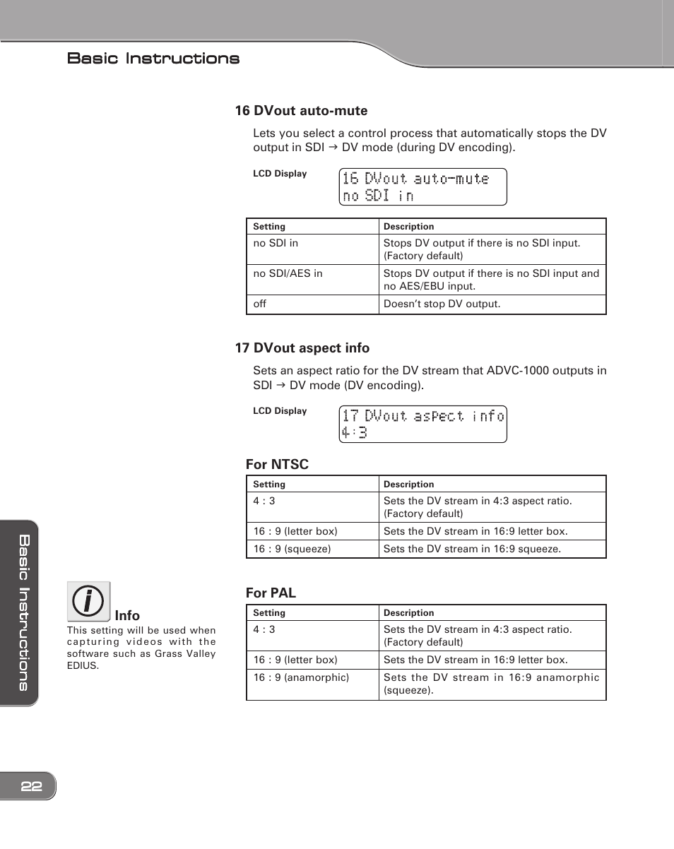 Basic instructions, 16 dvout auto-mute, 17 dvout aspect info | For ntsc, For pal, Info | Grass Valley ADVC-1000 User Manual | Page 30 / 44