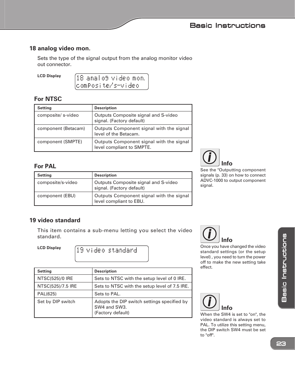 Basic instructions, 18 analog video mon, For ntsc | For pal, 19 video standard, Info | Grass Valley ADVC-1000 User Manual | Page 31 / 44