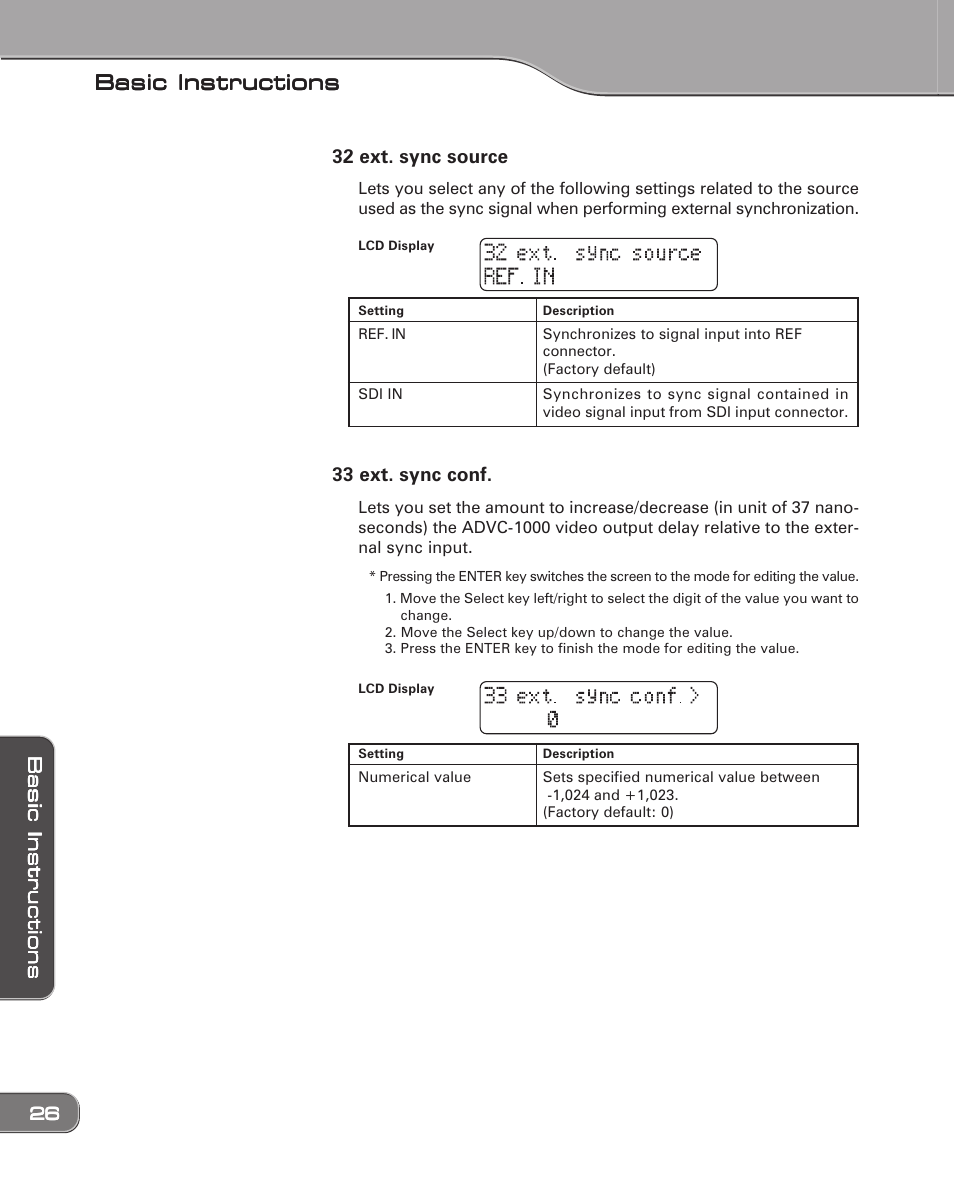 Basic instructions, 32 ext. sync source, 33 ext. sync conf | Grass Valley ADVC-1000 User Manual | Page 34 / 44