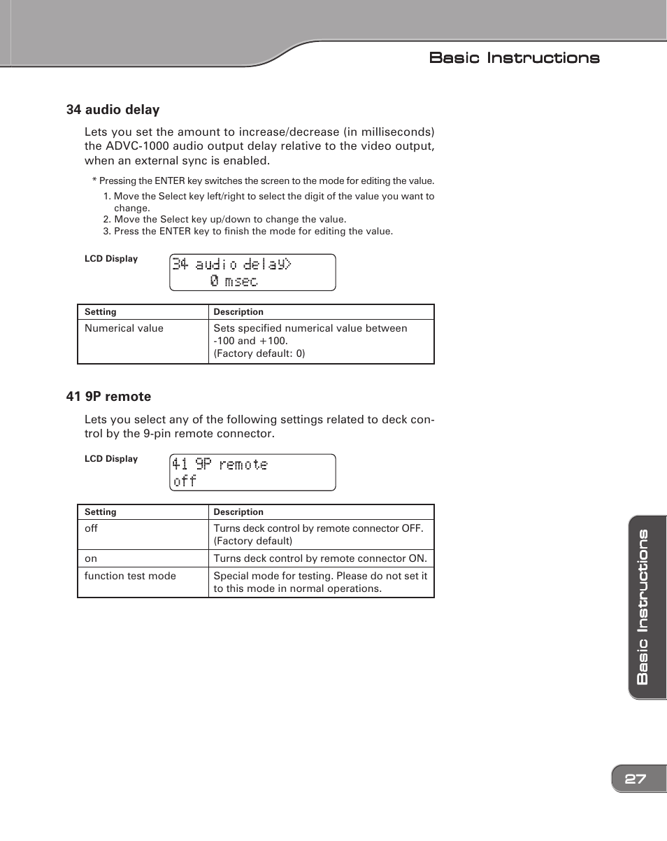 Basic instructions, 34 audio delay, 41 9p remote | Grass Valley ADVC-1000 User Manual | Page 35 / 44