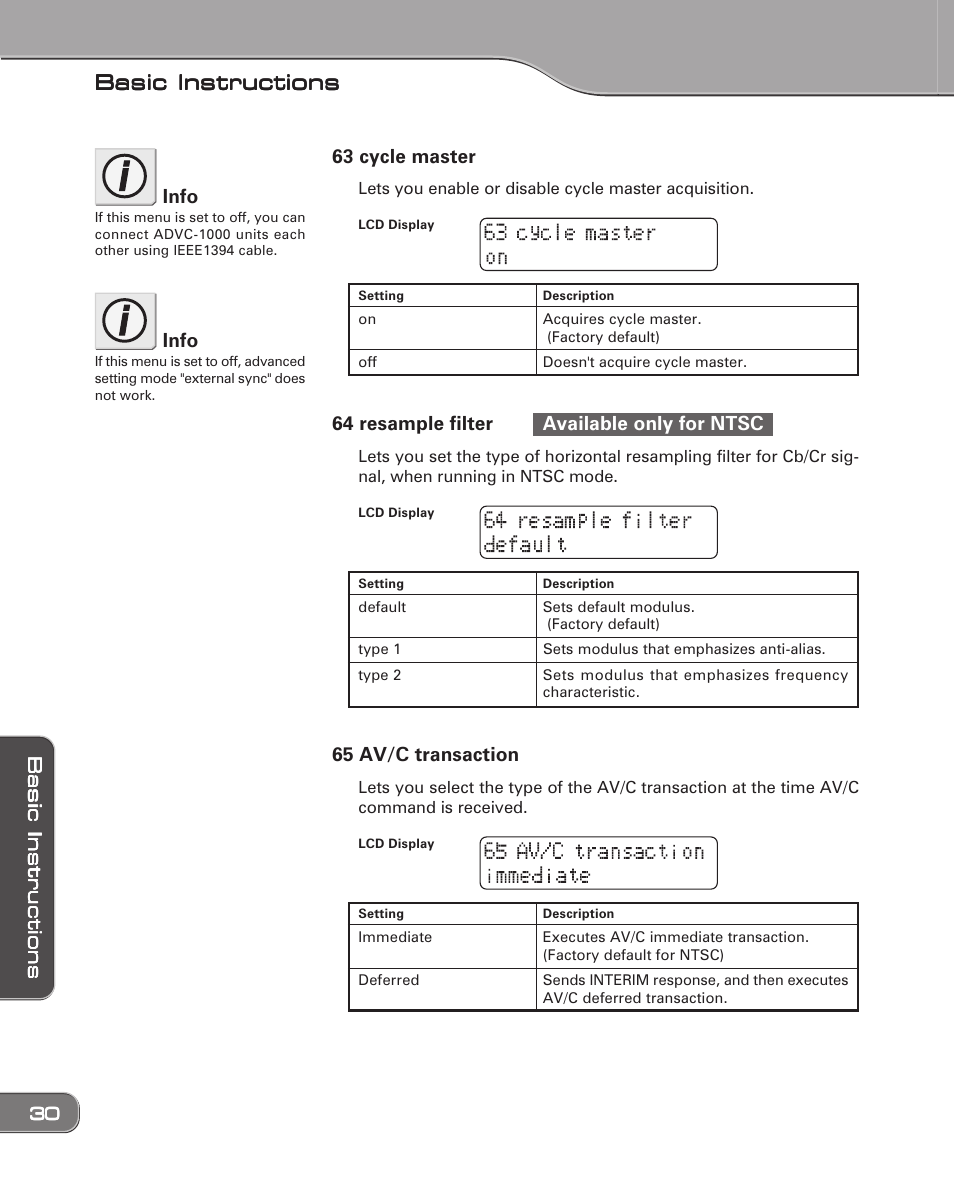 Basic instructions, 63 cycle master, 64 resample filter available only for ntsc | 65 av/c transaction, Info | Grass Valley ADVC-1000 User Manual | Page 38 / 44