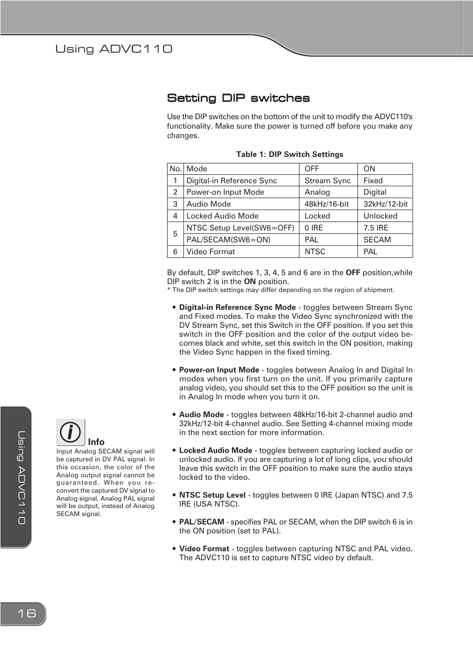 Using advc110, Setting dip switches | Grass Valley ADVC-110 User Manual | Page 16 / 20
