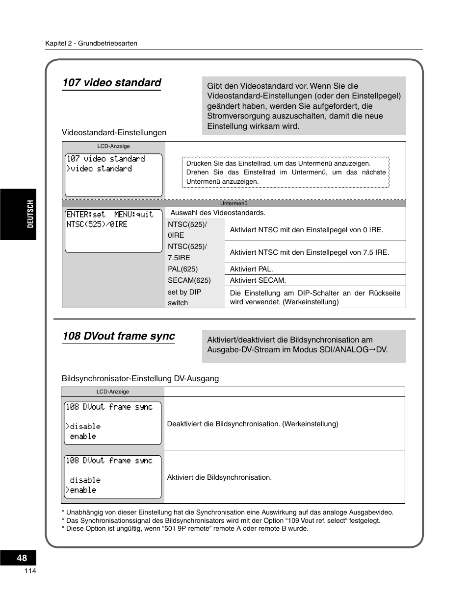 107 video standard, 108 dvout frame sync | Grass Valley ADVC-3000 User Manual | Page 112 / 192