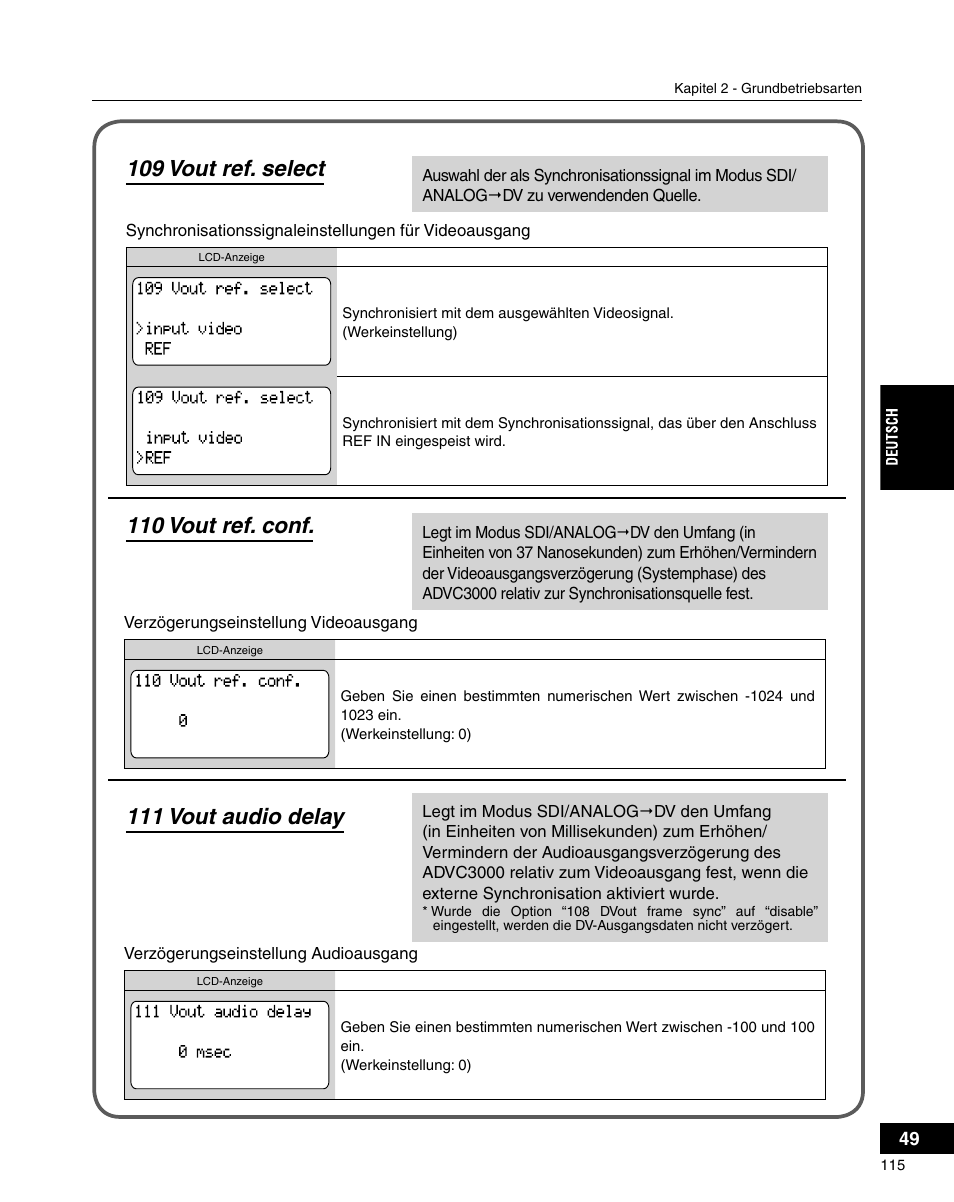 109 vout ref. select, 110 vout ref. conf, 111 vout audio delay | Grass Valley ADVC-3000 User Manual | Page 113 / 192