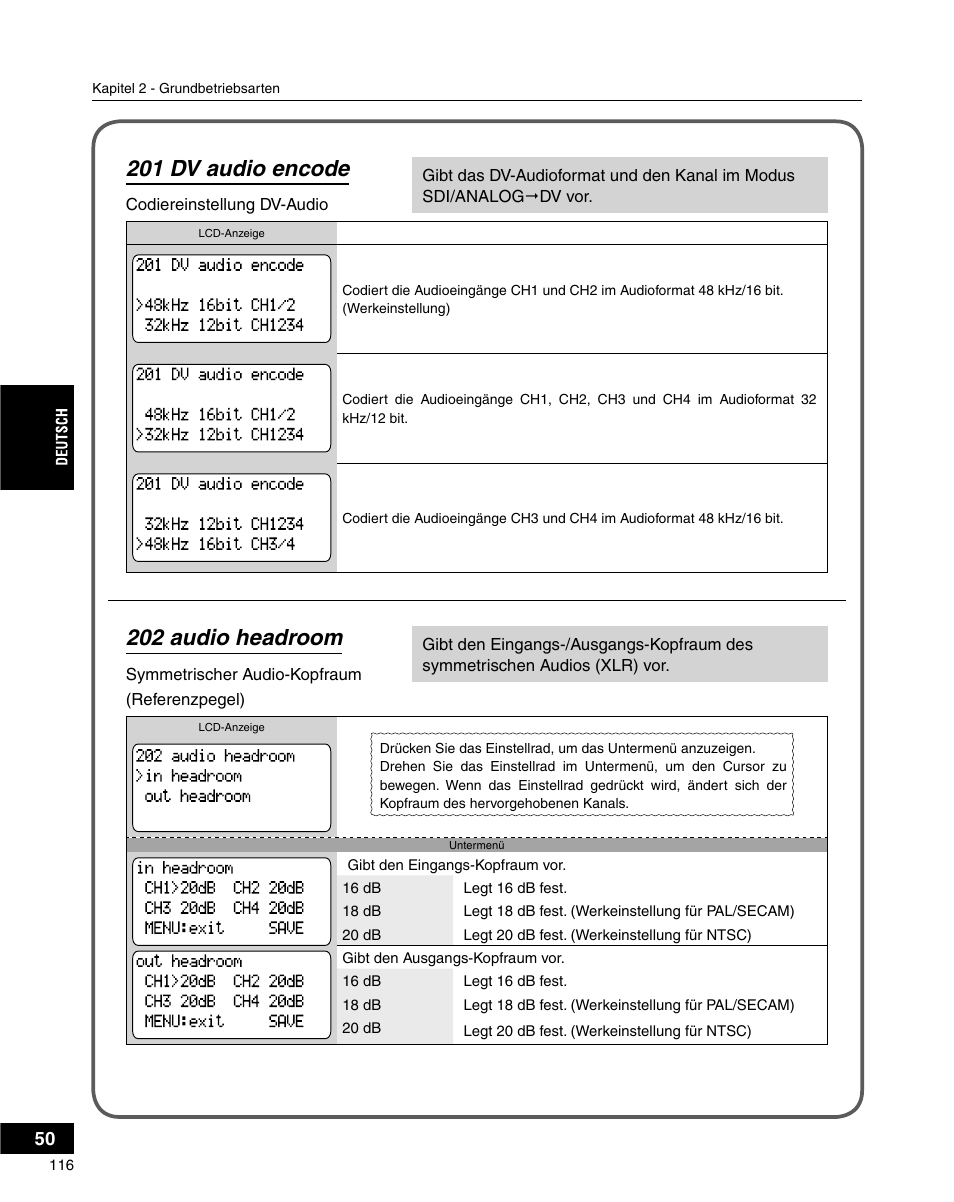 202 audio headroom, 201 dv audio encode | Grass Valley ADVC-3000 User Manual | Page 114 / 192