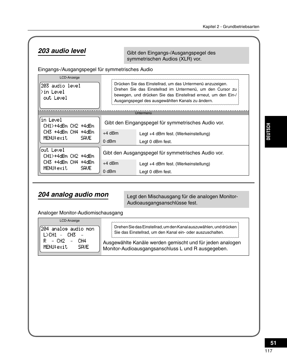 203 audio level, 204 analog audio mon | Grass Valley ADVC-3000 User Manual | Page 115 / 192
