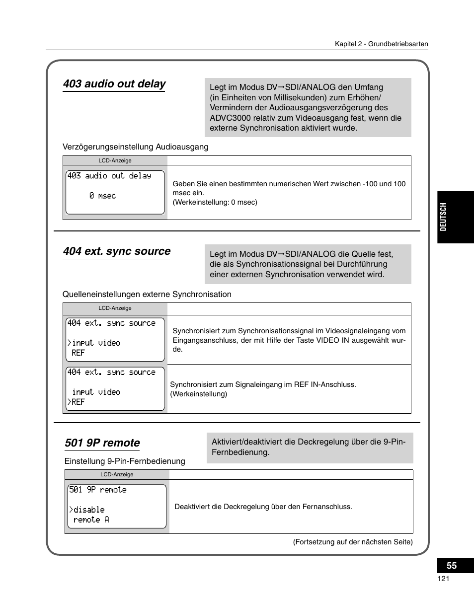 404 ext. sync source, 501 9p remote, 403 audio out delay | Grass Valley ADVC-3000 User Manual | Page 119 / 192