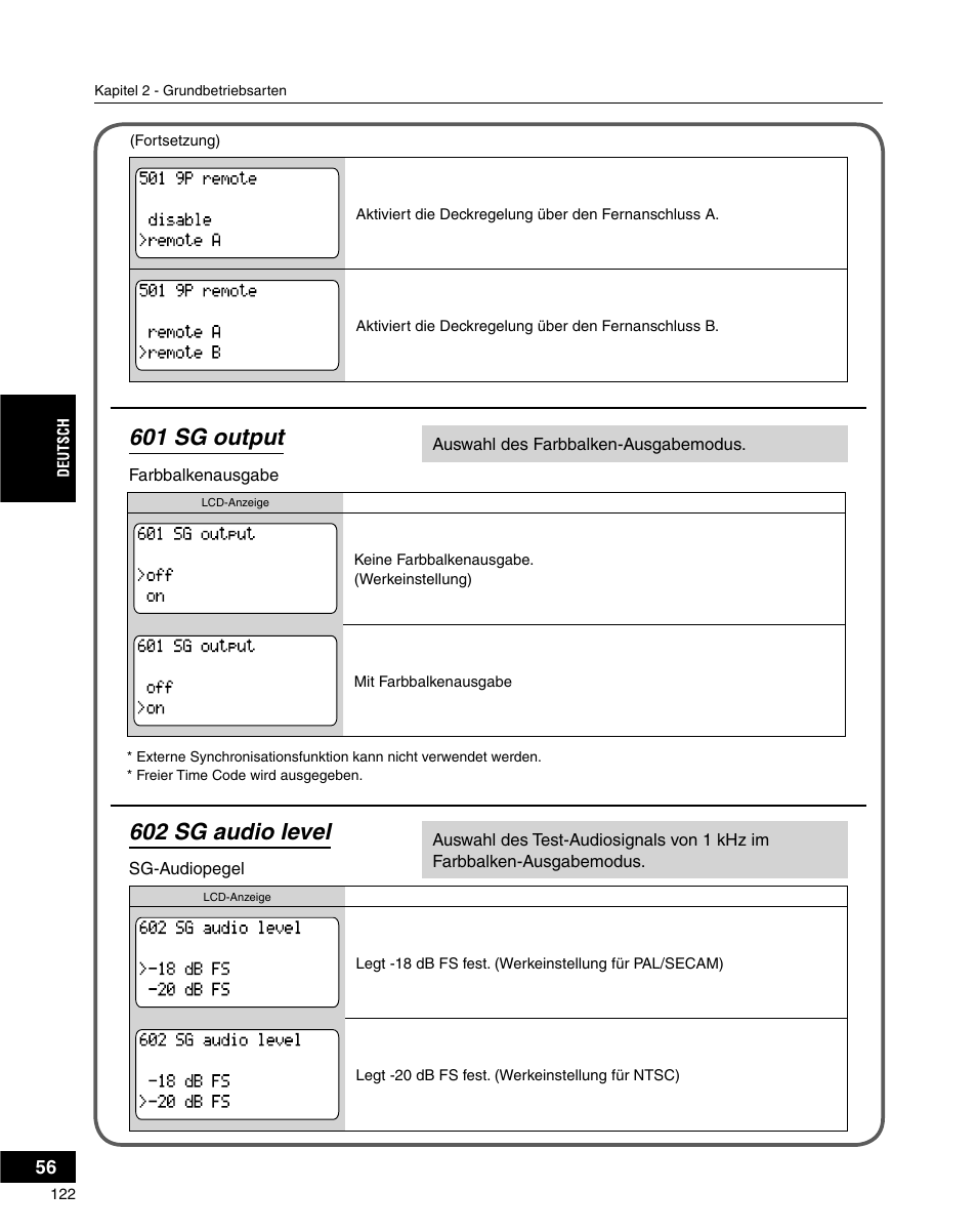 601 sg output, 602 sg audio level | Grass Valley ADVC-3000 User Manual | Page 120 / 192