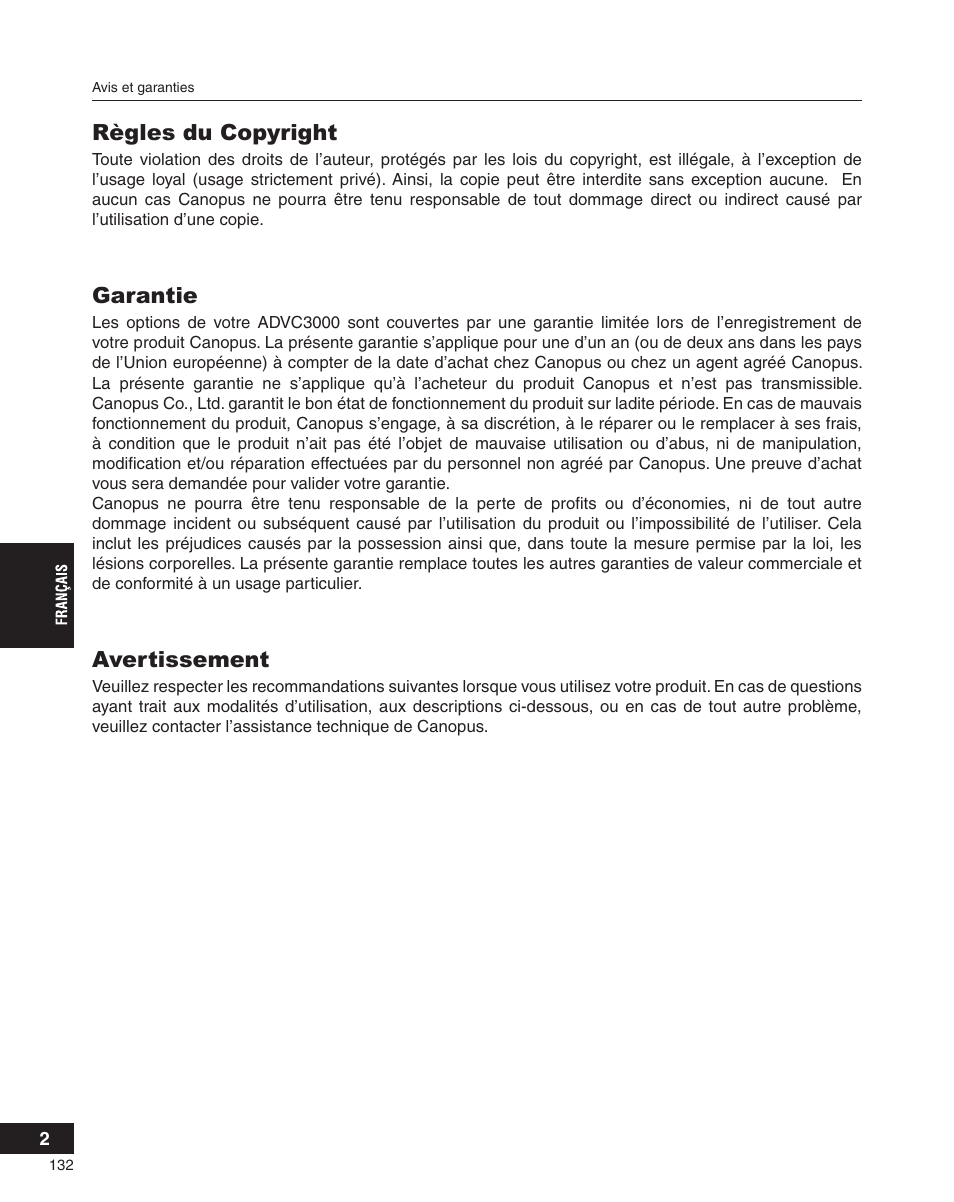 Règles du copyright, Garantie, Avertissement | Grass Valley ADVC-3000 User Manual | Page 130 / 192