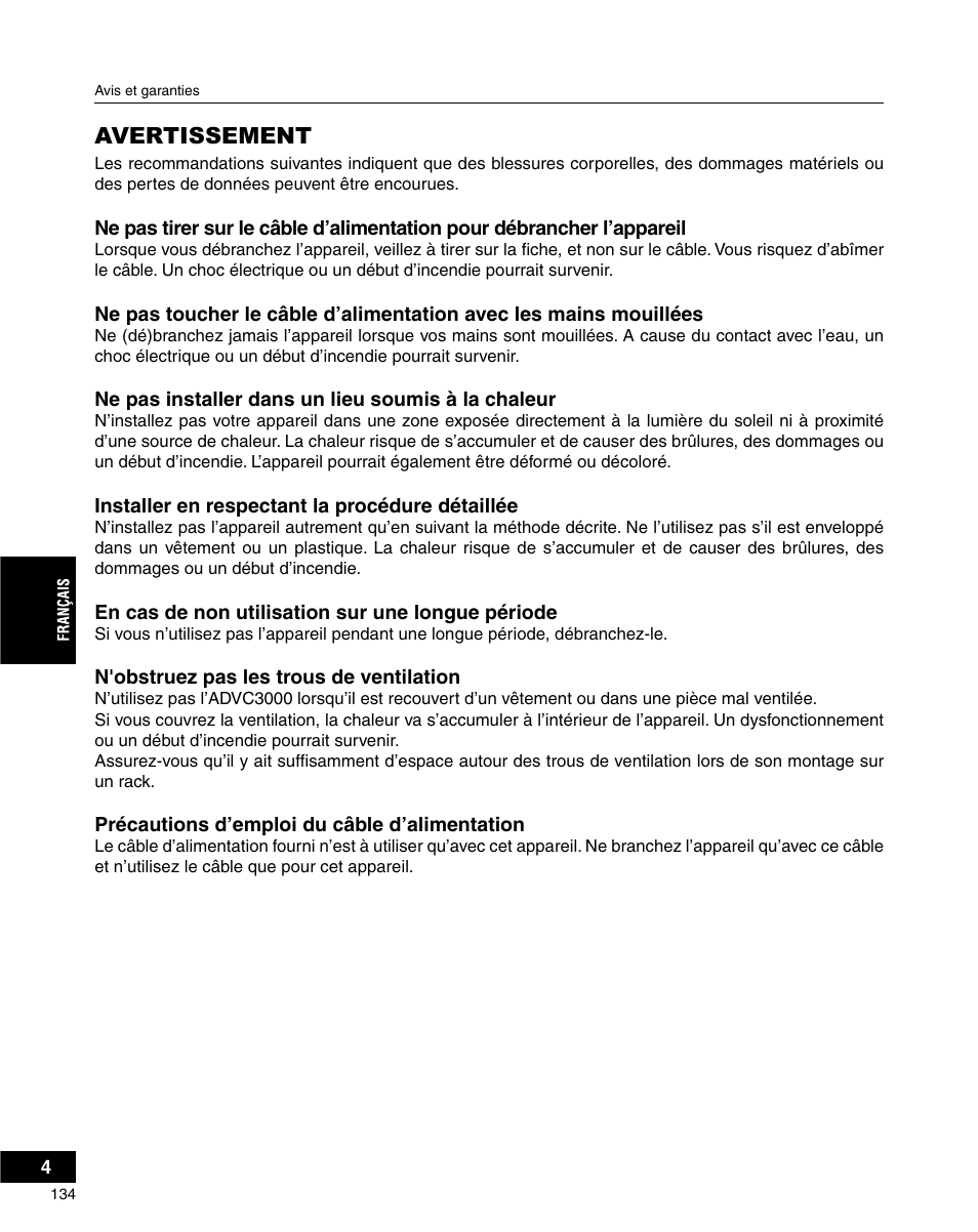 Avertissement | Grass Valley ADVC-3000 User Manual | Page 132 / 192