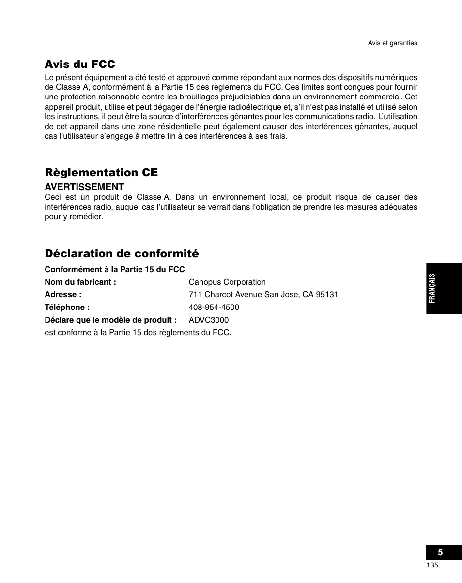 Avis du fcc, Règlementation ce, Déclaration de conformité | Grass Valley ADVC-3000 User Manual | Page 133 / 192
