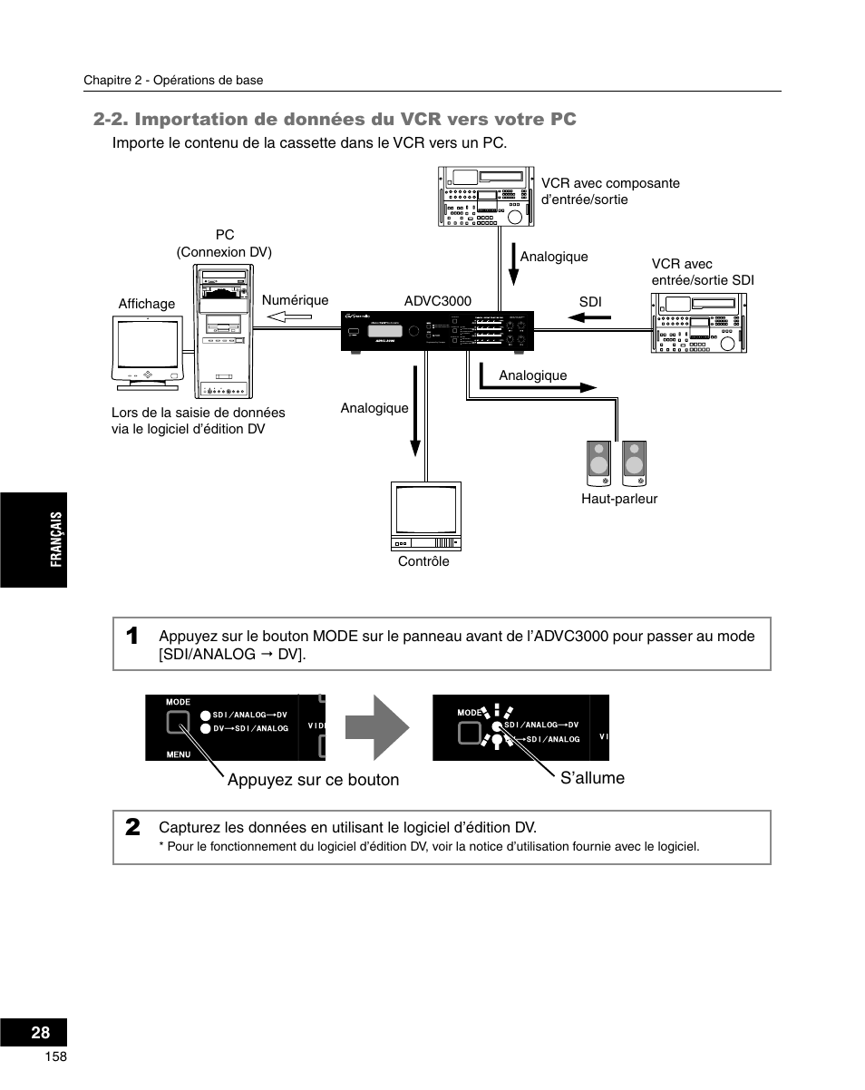 2. importation de données du vcr vers votre pc, Appuyez sur ce bouton, S’allume | Grass Valley ADVC-3000 User Manual | Page 156 / 192