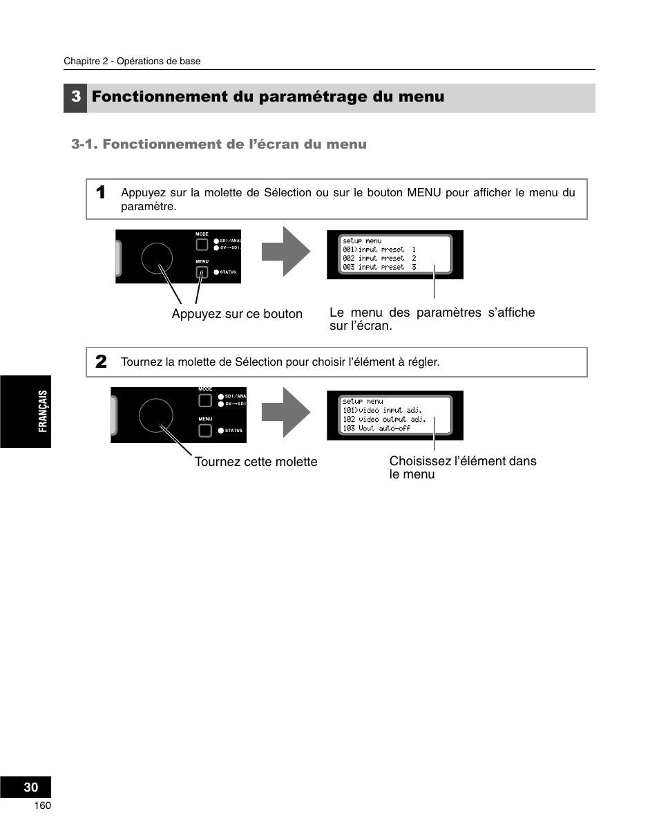 3fonctionnement du paramétrage du menu | Grass Valley ADVC-3000 User Manual | Page 158 / 192