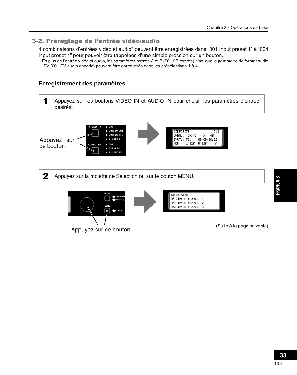 2. préréglage de l’entrée vidéo/audio, Enregistrement des paramètres, Appuyez sur ce bouton | Grass Valley ADVC-3000 User Manual | Page 161 / 192