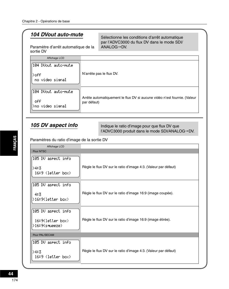 104 dvout auto-mute, 105 dv aspect info | Grass Valley ADVC-3000 User Manual | Page 172 / 192
