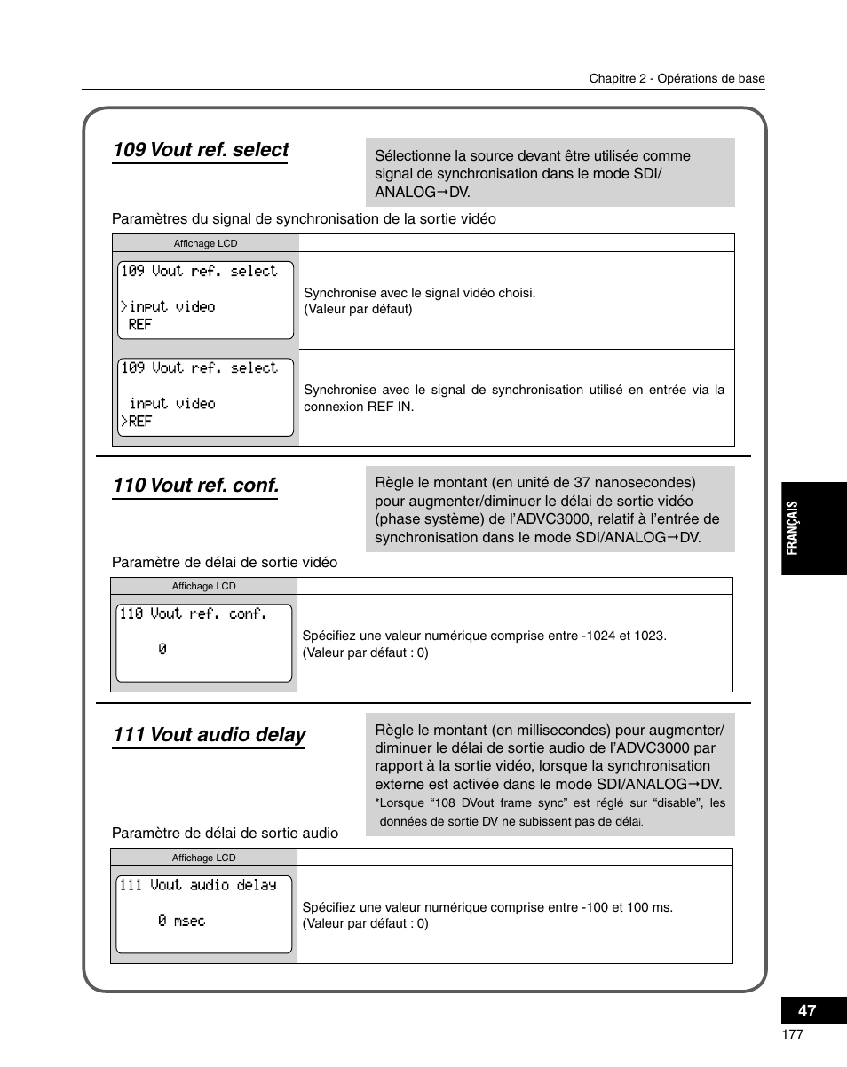 109 vout ref. select, 110 vout ref. conf, 111 vout audio delay | Grass Valley ADVC-3000 User Manual | Page 175 / 192