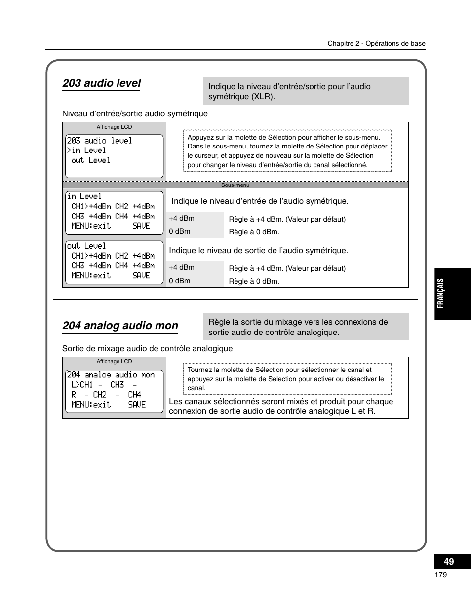 203 audio level, 204 analog audio mon | Grass Valley ADVC-3000 User Manual | Page 177 / 192