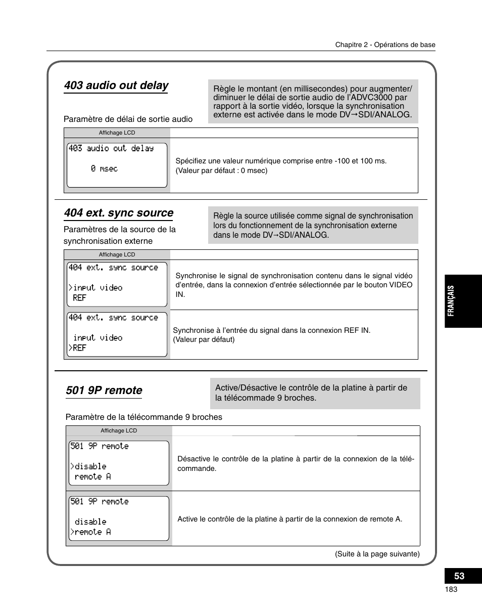 404 ext. sync source, 501 9p remote, 403 audio out delay | Grass Valley ADVC-3000 User Manual | Page 181 / 192