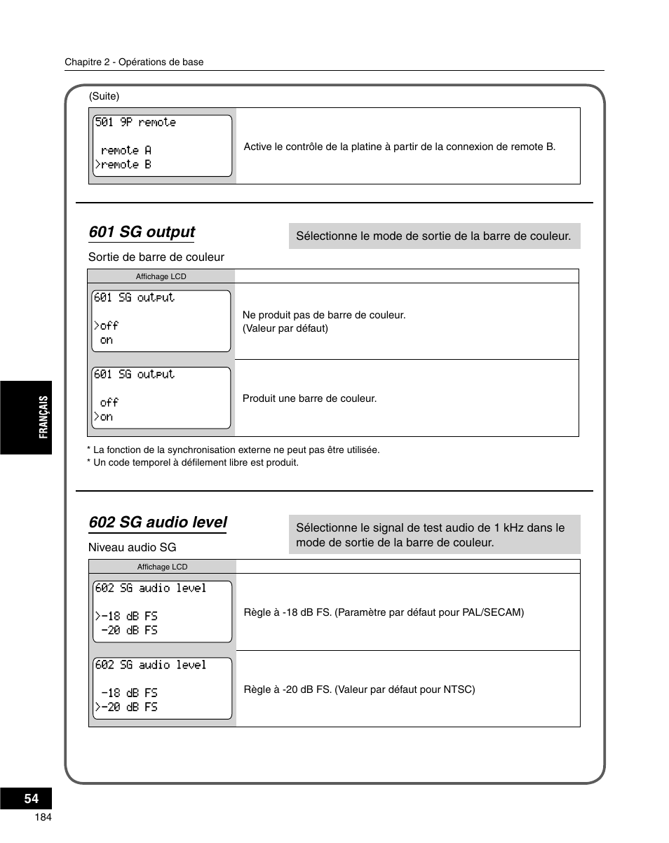 601 sg output, 602 sg audio level | Grass Valley ADVC-3000 User Manual | Page 182 / 192