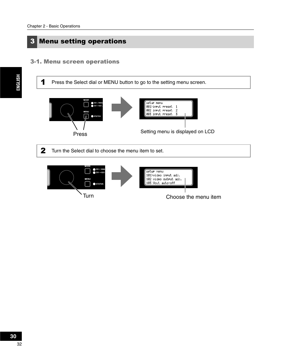 3menu setting operations | Grass Valley ADVC-3000 User Manual | Page 30 / 192