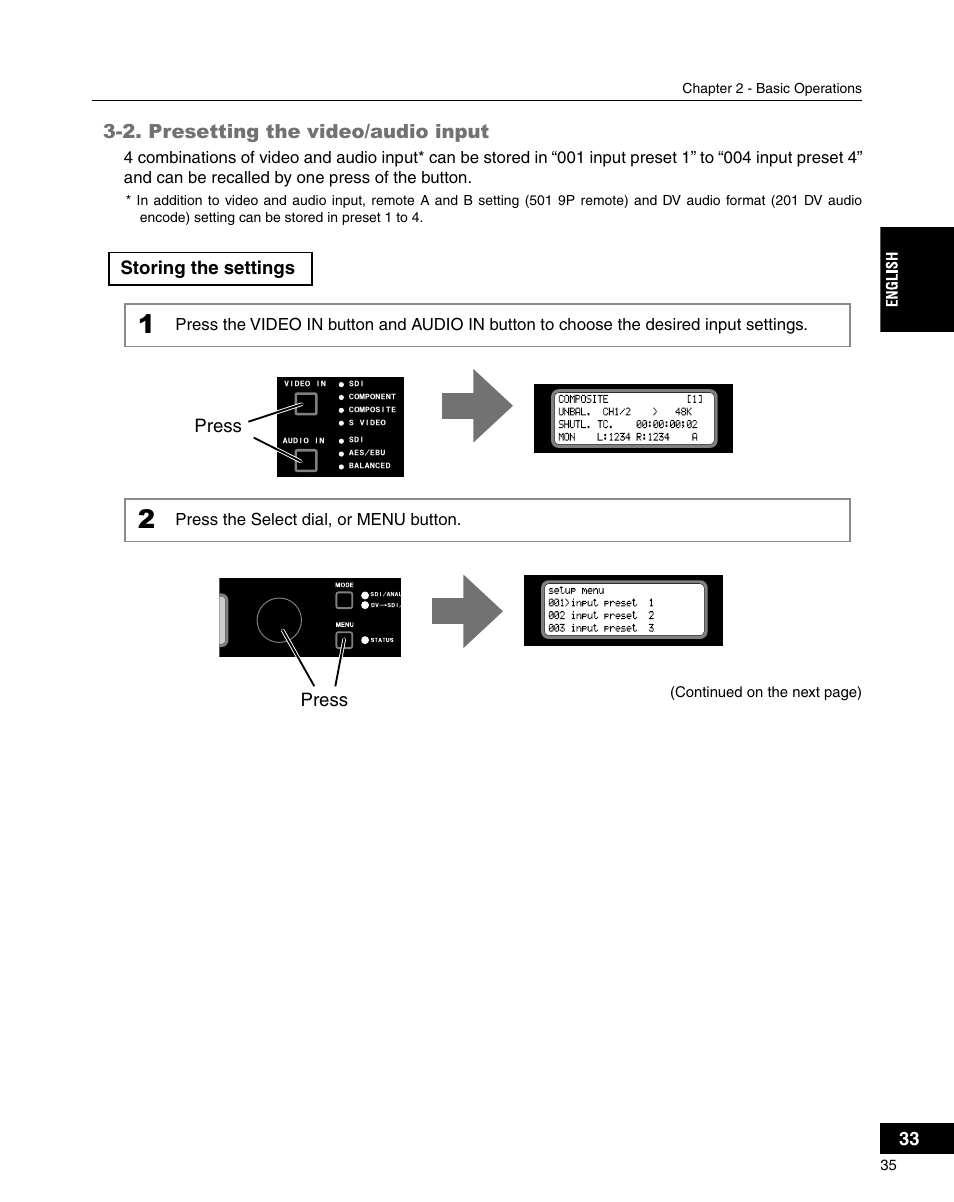 2. presetting the video/audio input, Storing the settings, Press | Press the select dial, or menu button | Grass Valley ADVC-3000 User Manual | Page 33 / 192