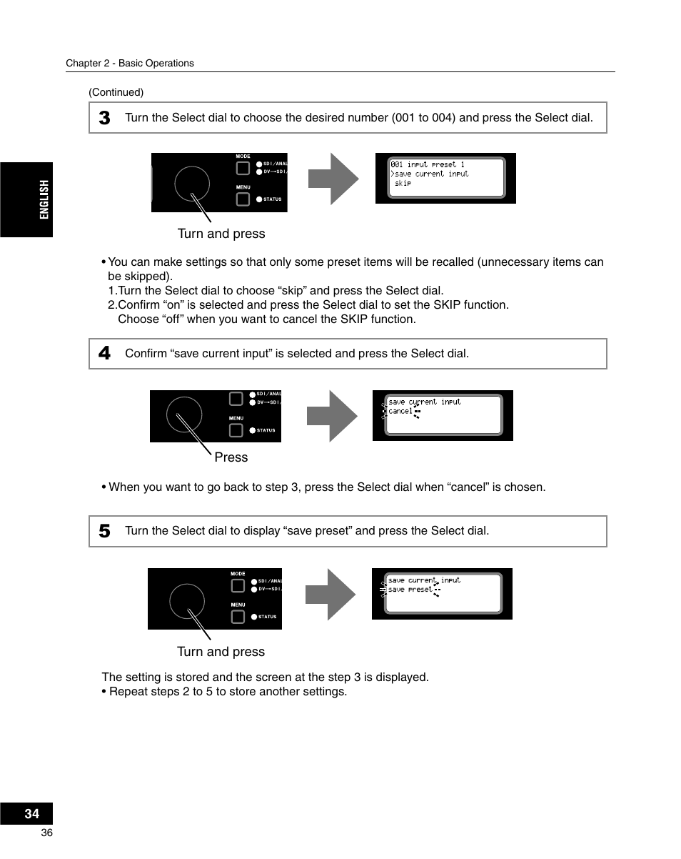 Turn and press, Press | Grass Valley ADVC-3000 User Manual | Page 34 / 192