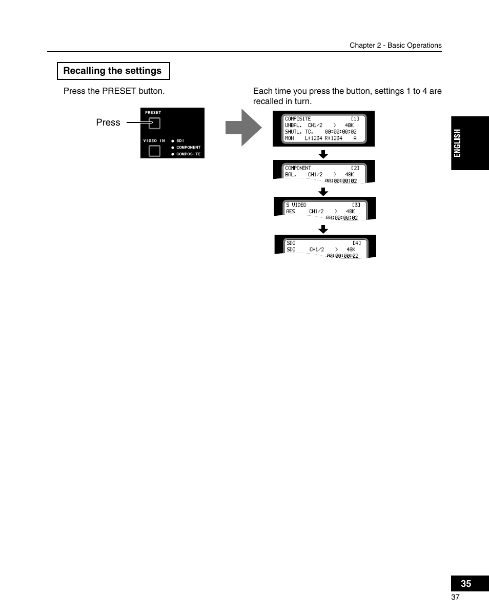 Recalling the settings, Press | Grass Valley ADVC-3000 User Manual | Page 35 / 192