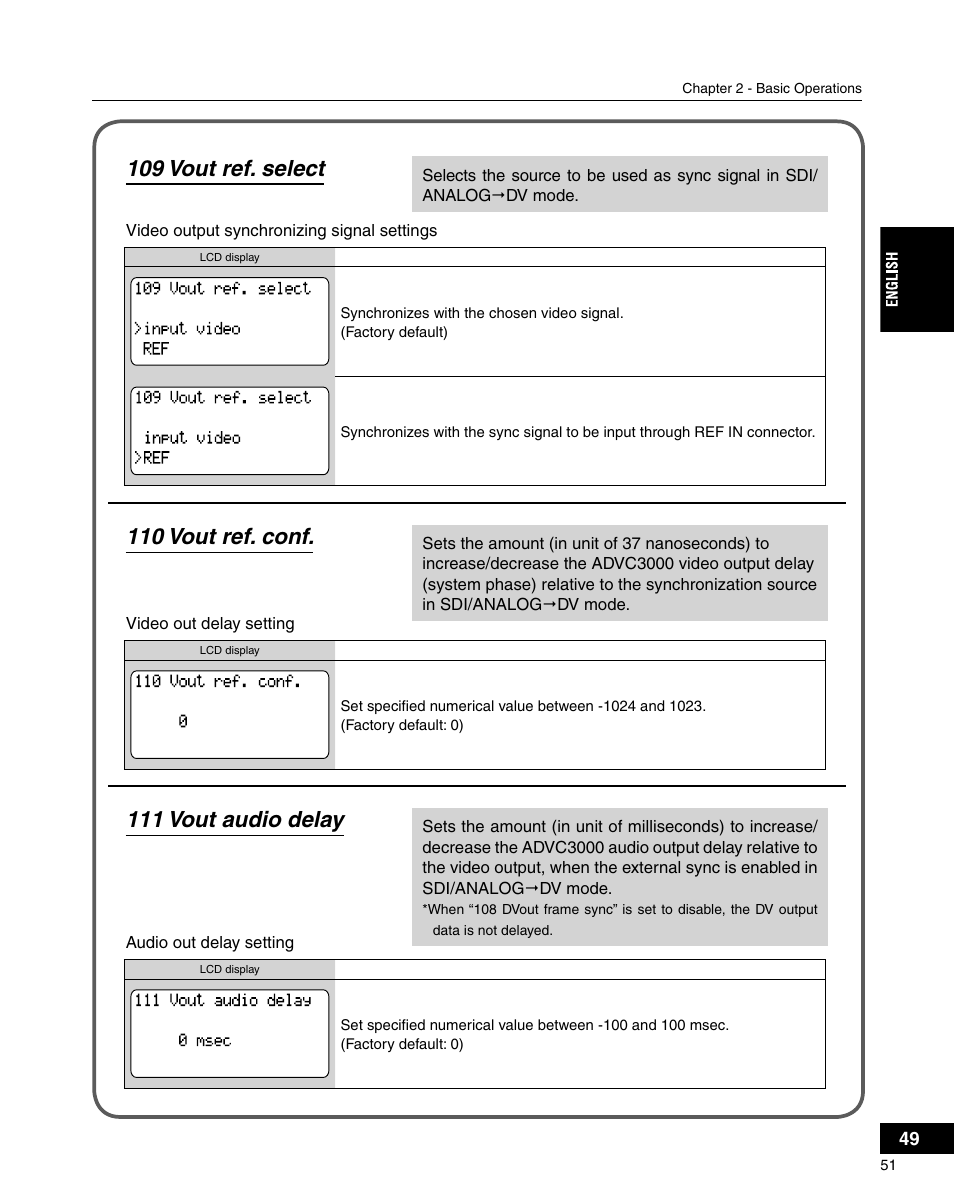 109 vout ref. select, 110 vout ref. conf, 111 vout audio delay | Grass Valley ADVC-3000 User Manual | Page 49 / 192