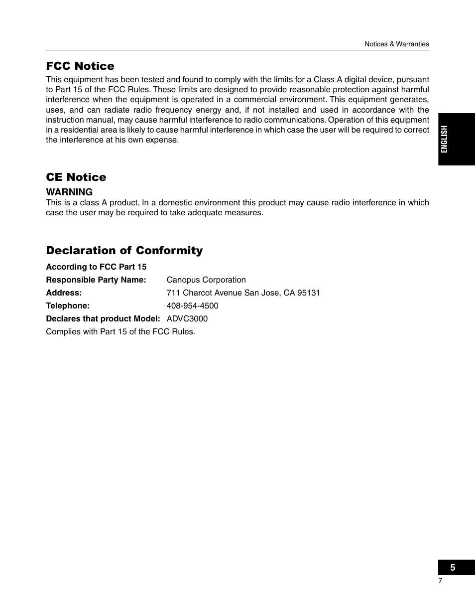 Fcc notice, Ce notice, Declaration of conformity | Grass Valley ADVC-3000 User Manual | Page 5 / 192