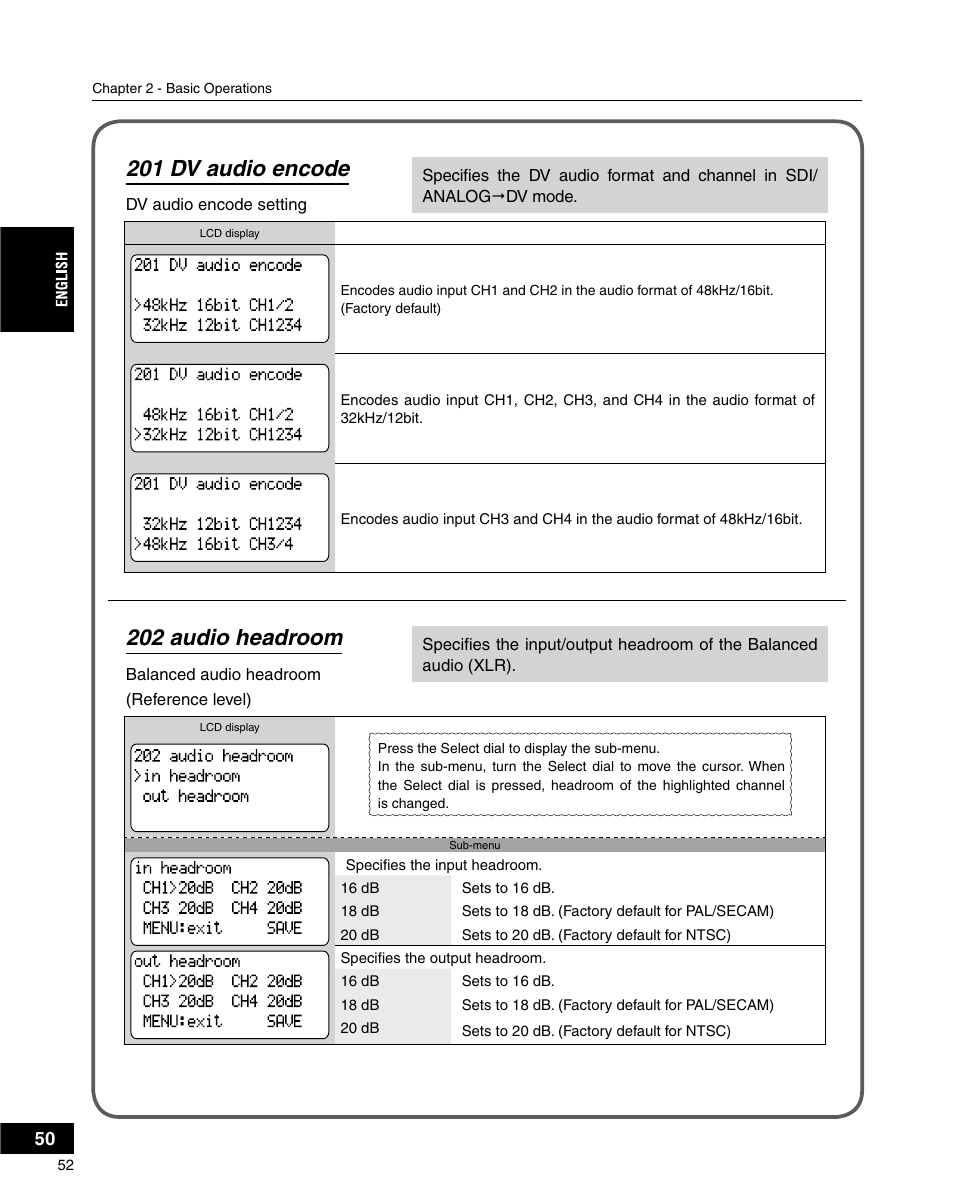202 audio headroom, 201 dv audio encode | Grass Valley ADVC-3000 User Manual | Page 50 / 192