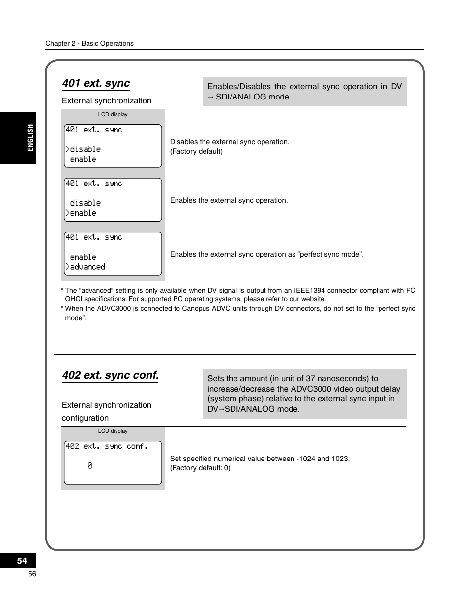 402 ext. sync conf, 401 ext. sync | Grass Valley ADVC-3000 User Manual | Page 54 / 192
