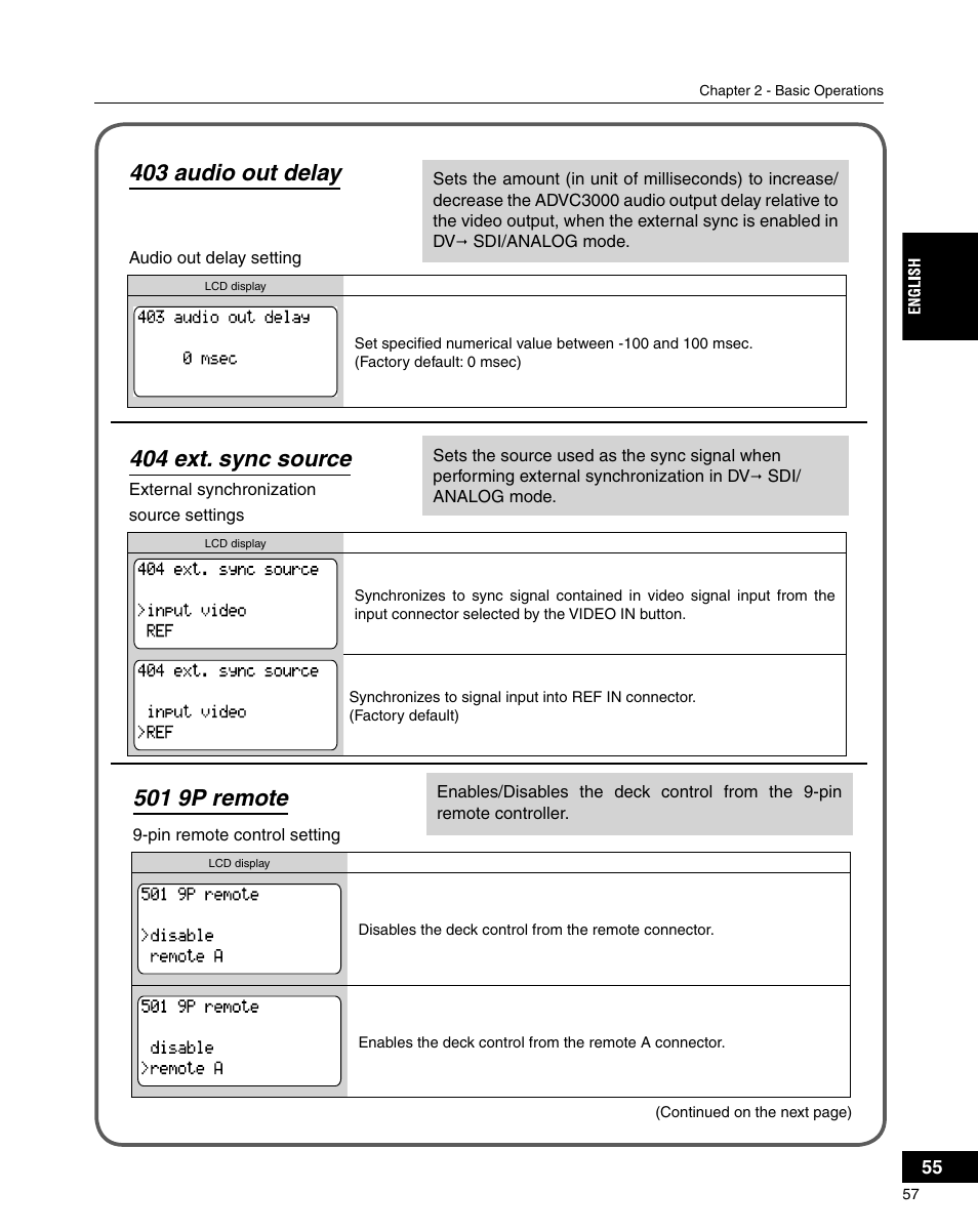 404 ext. sync source, 501 9p remote, 403 audio out delay | Grass Valley ADVC-3000 User Manual | Page 55 / 192