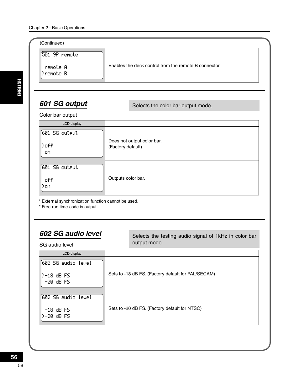 601 sg output, 602 sg audio level | Grass Valley ADVC-3000 User Manual | Page 56 / 192